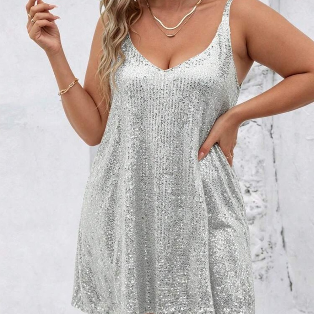 Silver Sequin V-Neck Slip Dress